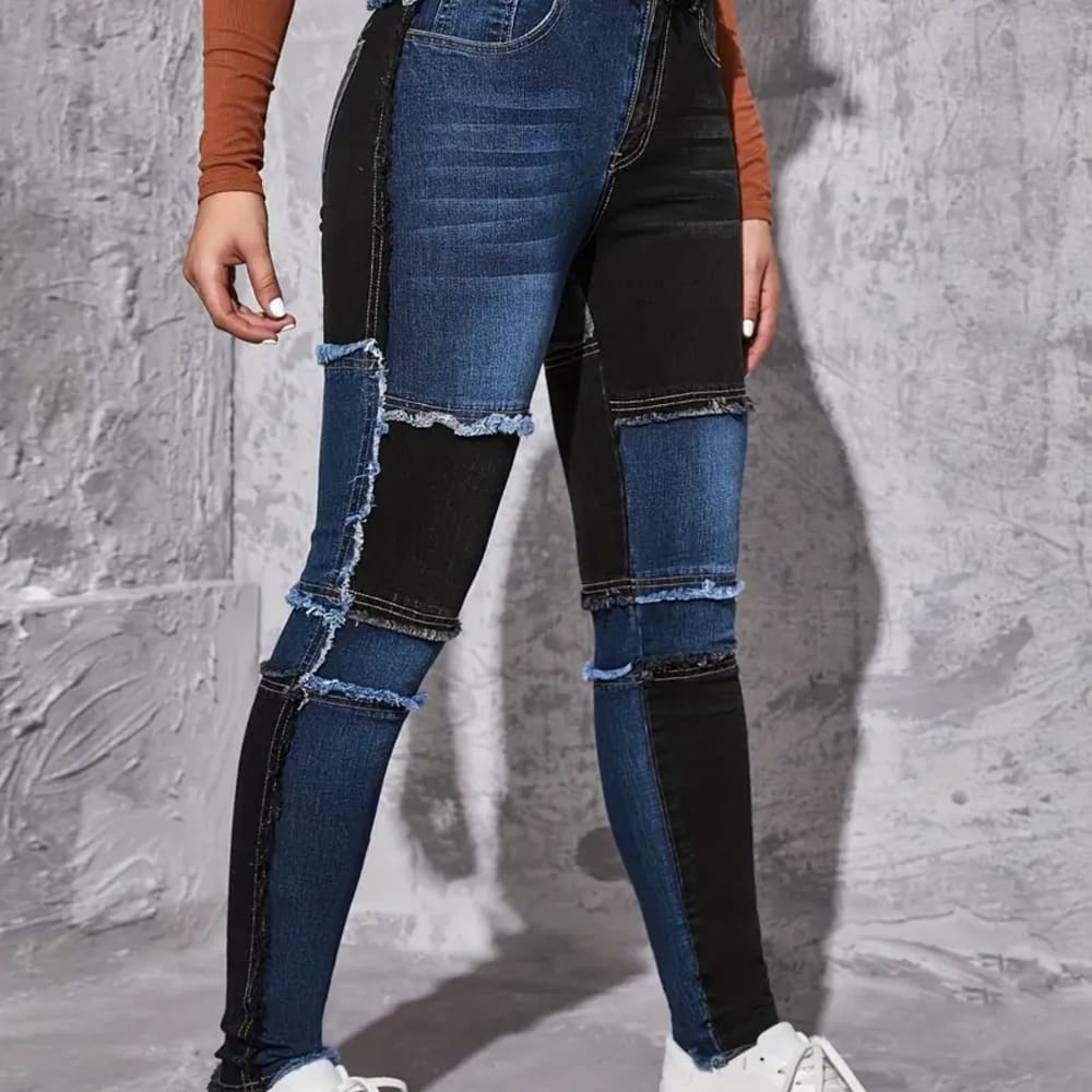 Women Colorblock Raw Hem Skinny Jeans